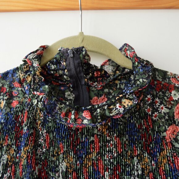 Vintage 1970s Sheer Floral Accordion Pleated High Neck Liz Roberts Dress Frills - Picture 6 of 9